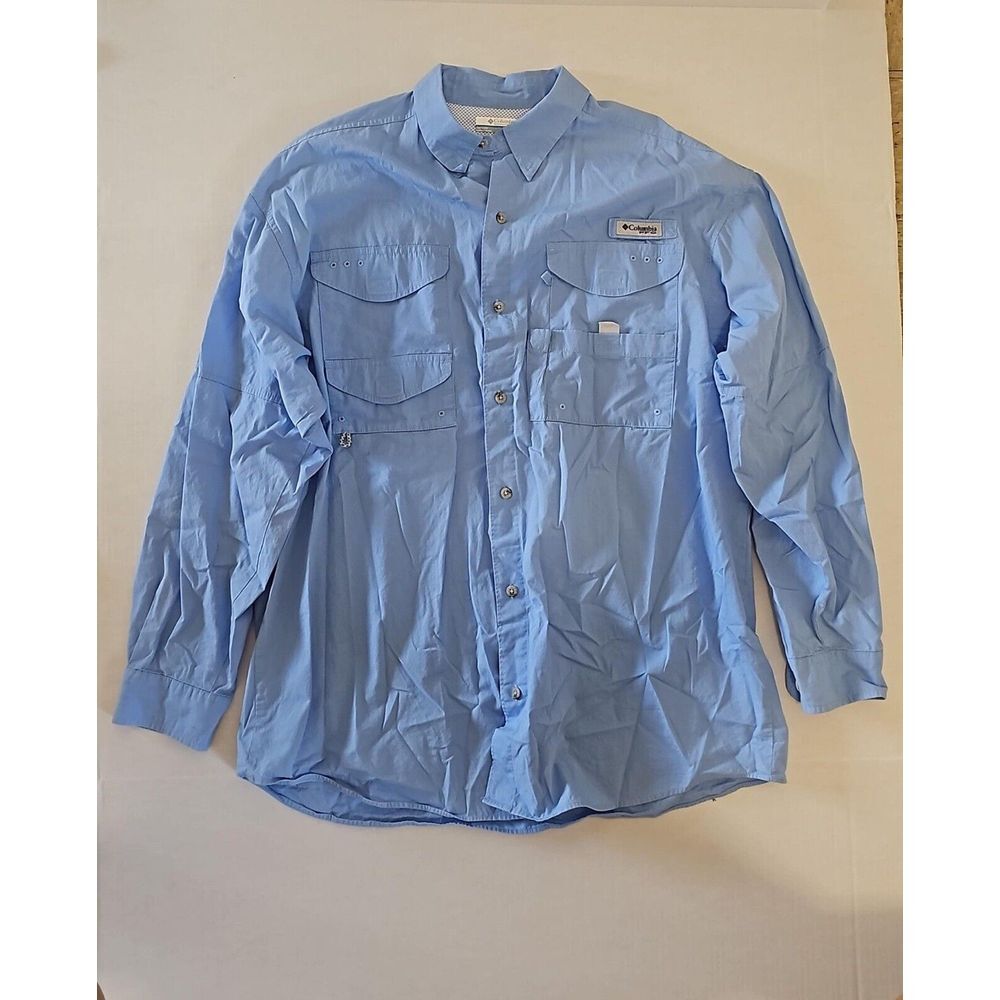 columbia pfg Fishing Shirt Mens Large Blue Mesh‎ Vented Back Pockets!